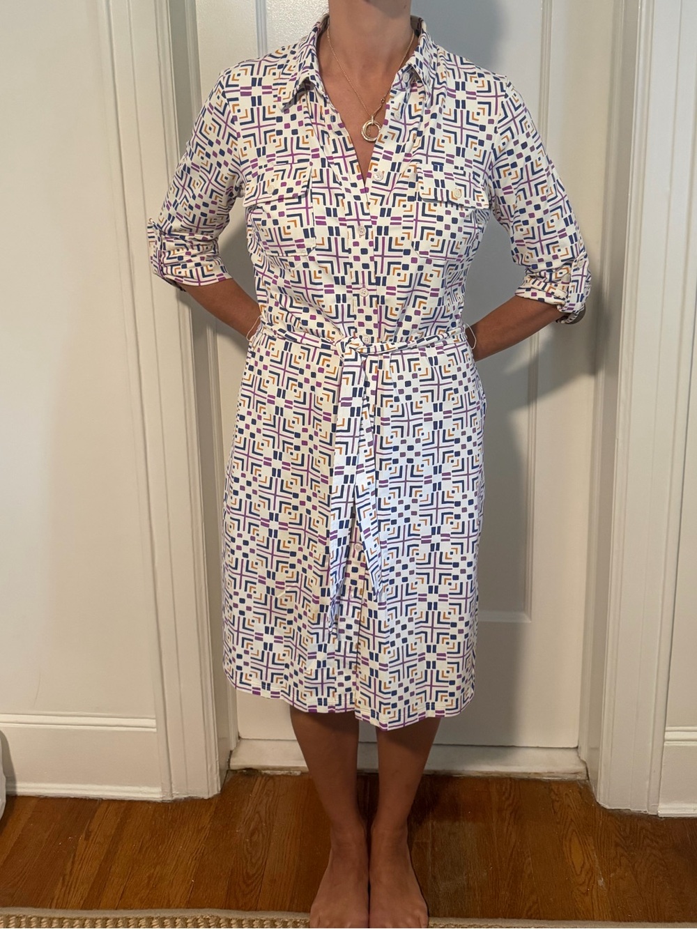 J. McLaughlin White Shirt Dress with Purple Geometric Print